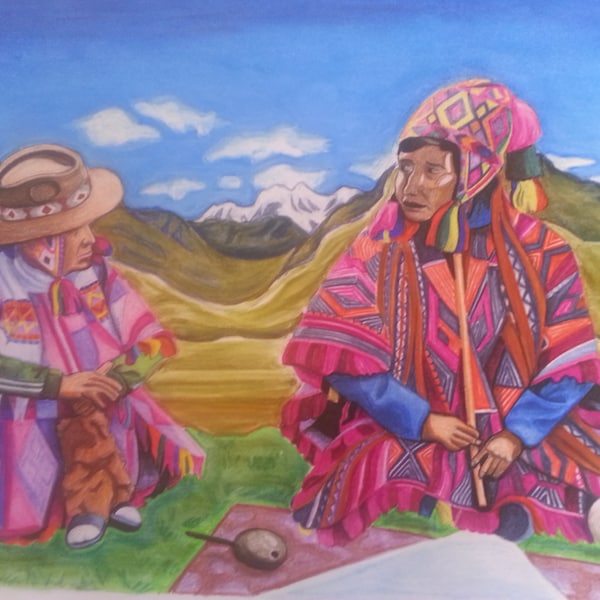 Q'ero Schamanen, Original Pastellkreidebild in A2 Peru Q'ero Medizinrad Schamanismus Schamane