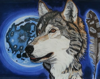 Art Print A4, Lobo, Animal Retrato De Animal Perro Pluma de Luna