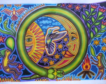 Art Print A4, Sun and Moon, Huichol Huichol Art Mexico Mexico Shamanism
