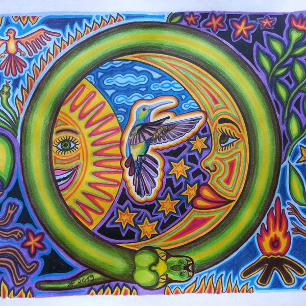 Art Print A4, Sol y Luna, Huichol Huichol Art México Chamanismo México