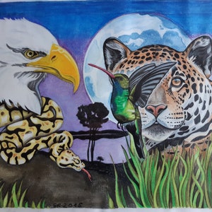 Art Print A4 , The Four Animal Archetypes, Shamanism Shaman Medicine Wheel Peru
