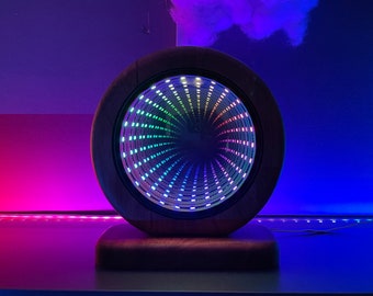 Infinity Mirror Desk Lamp, Stargate Portal, Wooden Table Lamp, Mid Century Modern, Unique Birthday Gift, Rustic Home Decor,Housewarming Gift