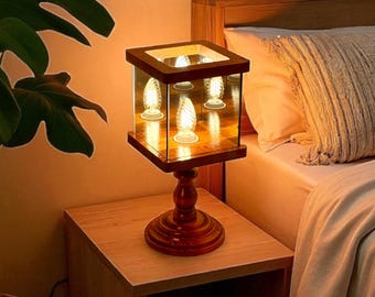 Lámpara de mesa con espejo Infinity, lámpara de noche de madera con panel de vidrio reflectante regulable, lámpara decorativa rústica de estilo rústico para dormitorio.