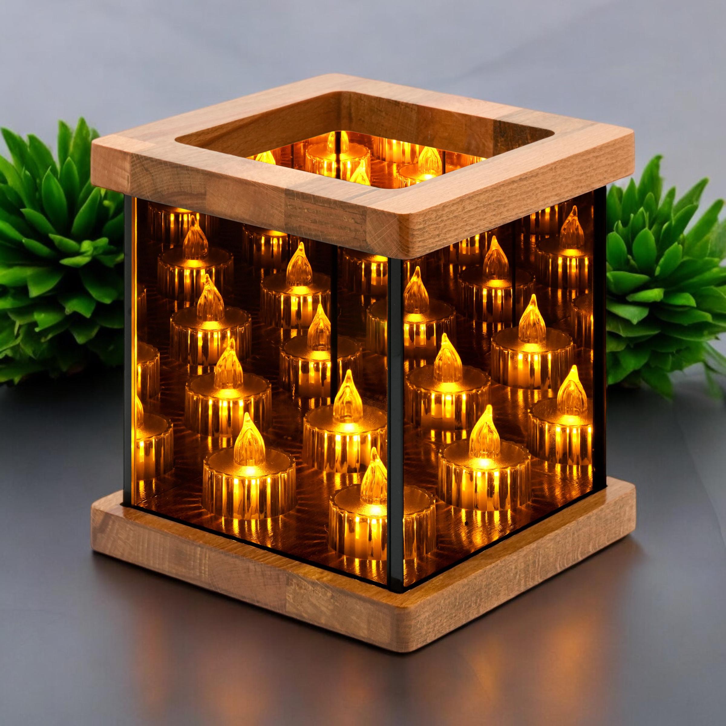 Portacandele Infinity Mirror ALYMACK - Effetto Tunnel Di Luce Infinito, Centrotavola In Vetro Con Base Legno Per Matrimoni Ed Eventi (4")