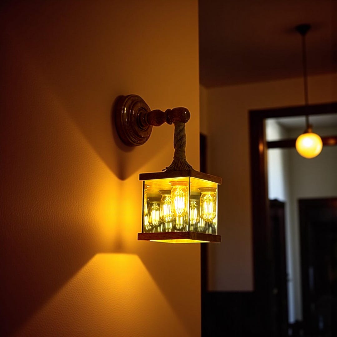 Handmade Wooden Infinity Mirror Wall Sconce – Rustic Rope Lamp