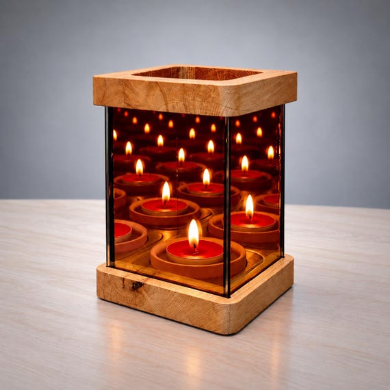 Holz Infinity Spiegel Kerzenhalter, Buchenholz, Walnuss Finish, Schlafzimmer Dekor