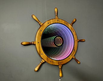 Wooden Ship Steering Wheel,LED Infinity Mirror Ship Steering Wheel, Nautical Decor, LED Ship Wheel, Marine Ship Wheel, Wall Decor Ship Wheel