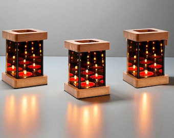 Portavelas de té con espejo infinito (x3), cubo infinito, portavelas único, portavelas de madera, luz de noche estética, arte de espejo infinito