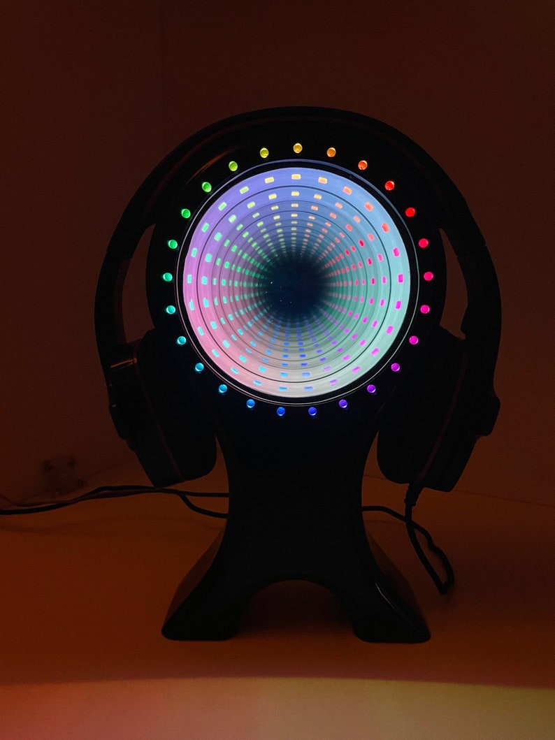 Infinity Mirror Headset Stand, Headphone Stand, Gaming Headphone Stand, RGB Led Light Headset Stand, Wooden Headset Stand, Argb, Led Mirror Gold