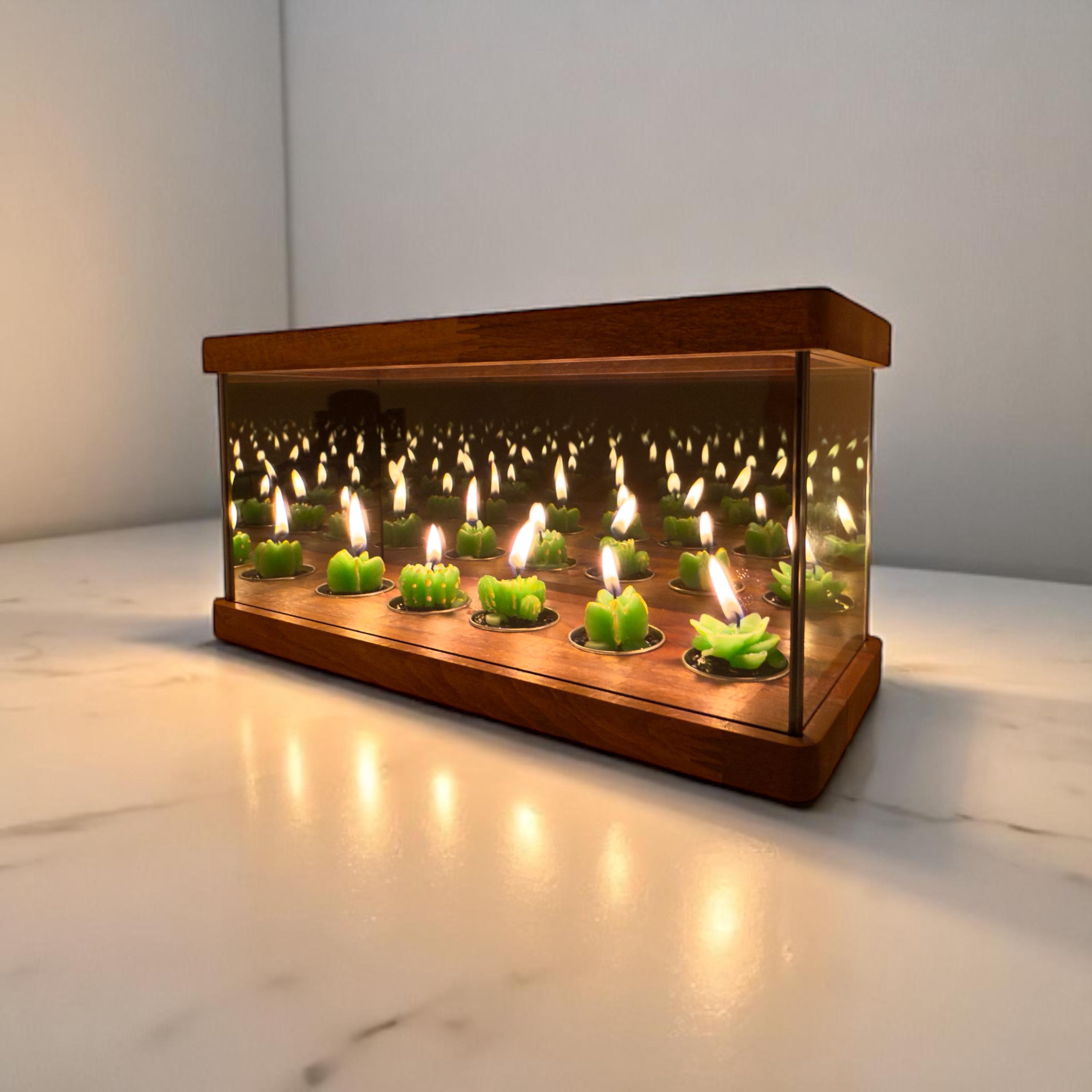 Portacandele Infinity Mirror ALYMACK - Effetto Tunnel Di Luce Infinito, Centrotavola In Vetro Con Base Legno Per Matrimoni Ed Eventi (4")
