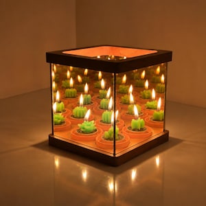 Square Wooden Infinity Mirror Candle Holder and Table Centerpiece