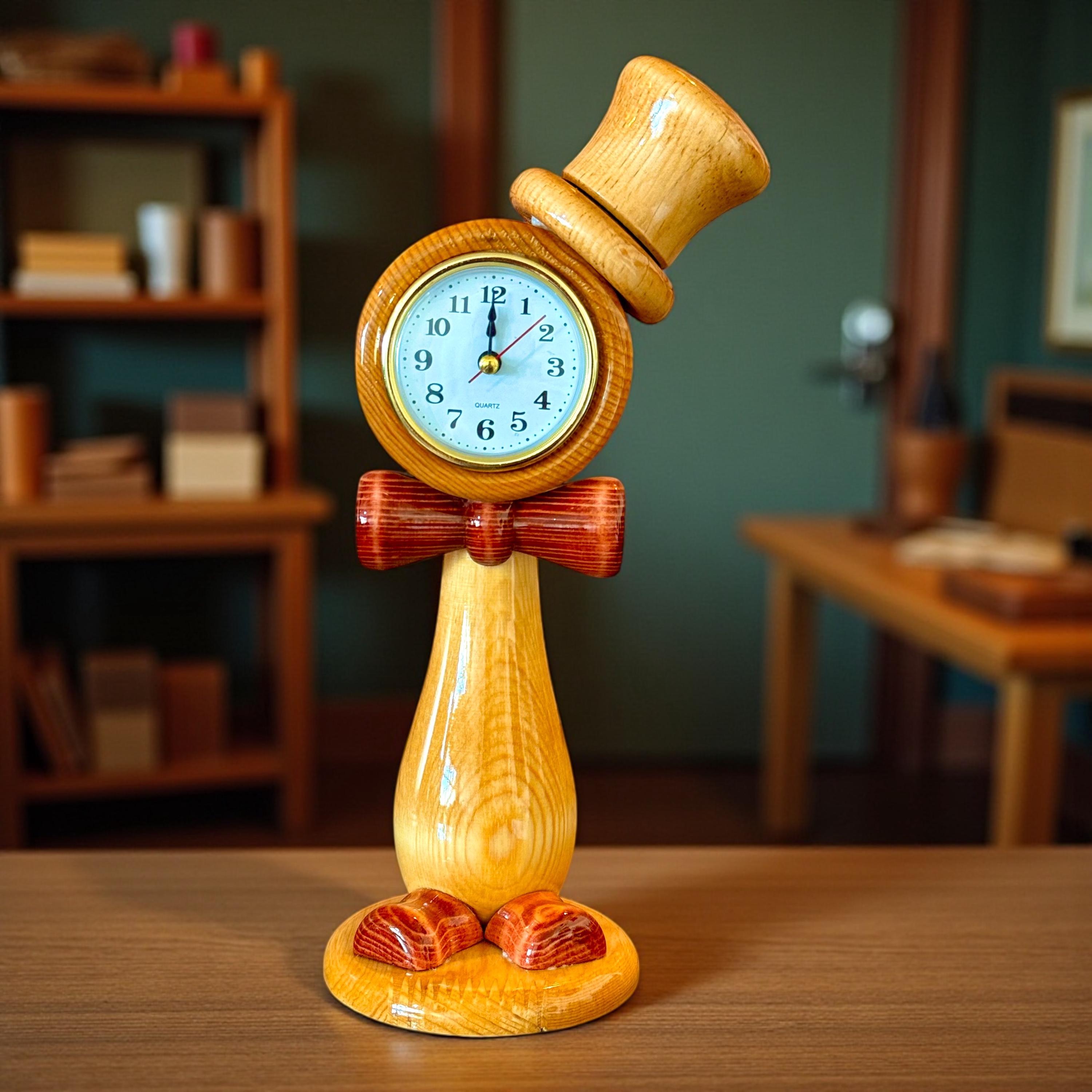 Whimsical Hand-turned Wooden Gentleman Desk Clock With Silent