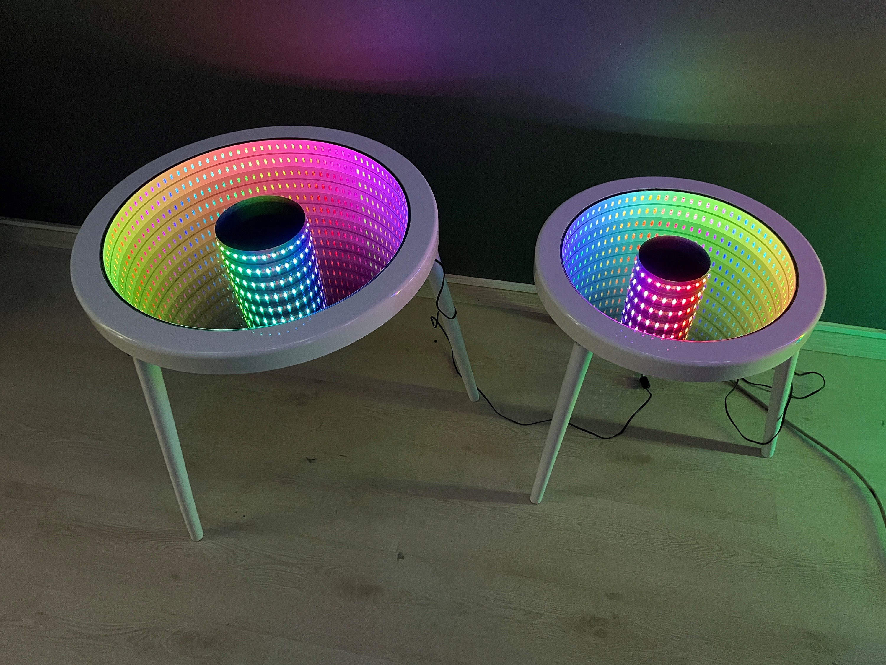 インフィニティミラーコーヒーテーブル、LEDライトテーブル、木製 