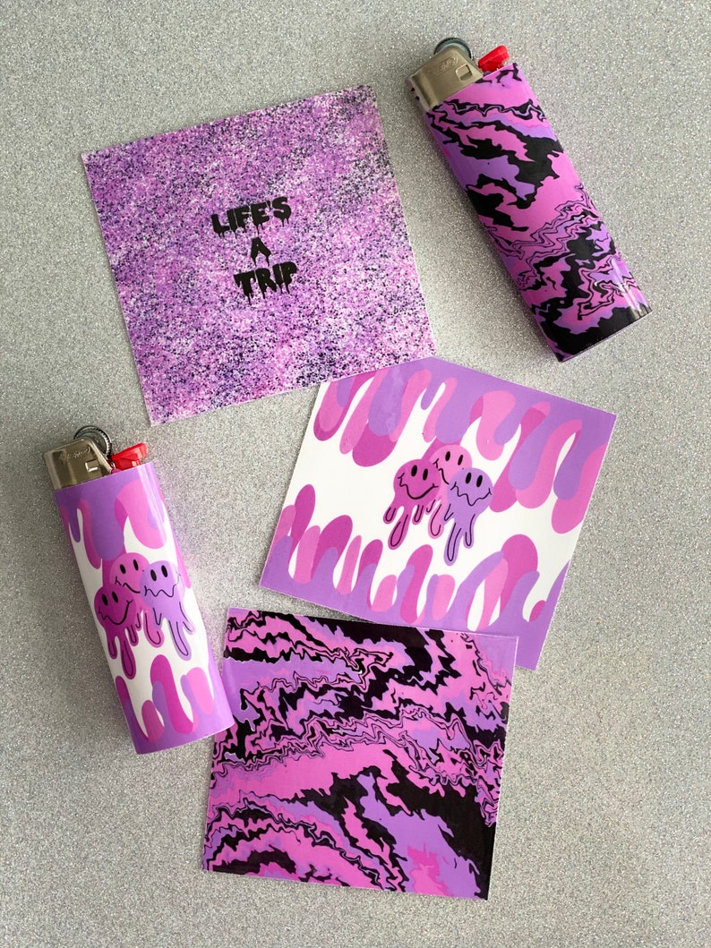 Trippy Lighter Wrap 3 Pack | Lighter Wraps Pack of 3 | 420 Lighter Wraps | Smiley Face Lighters | Unique Lighters | Pink and Purple Lighters 