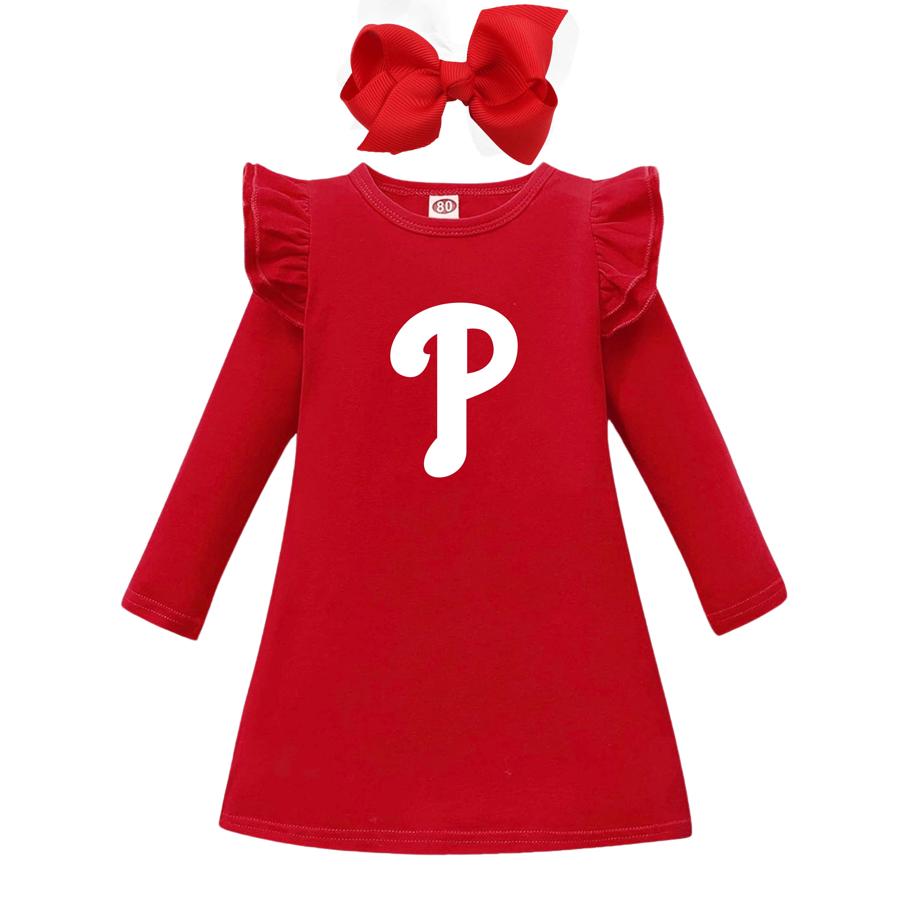 Phillies Girls Baby Ruffle Sleeve Dress and Hair Bow Outfit for 6