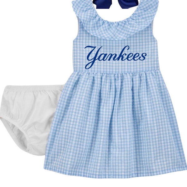 Yankees Baby Girls Gingham Romper or Dress and Bloomer Set
