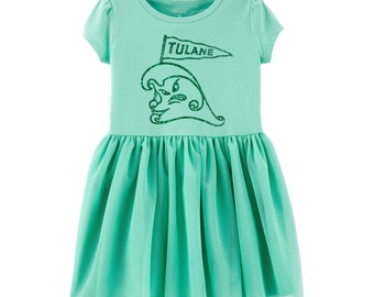 Tulane Tutu Dress with Mascot for Baby and Girls 3 months to 10 years. Available with a Glitter or Matte Design