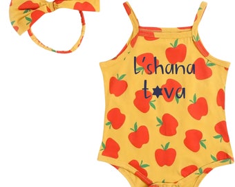 Jewish High Holidays L’Shana Tova Apple Baby and Toddler Girl Romper and Headband Bow Outfit