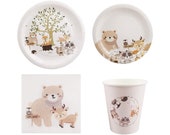 Woodland Forest Animals Creatures Tableware Set for 16 Guests Including Dinner Plates, Dessert Plates, Lunch Napkins, Cups