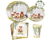 Woodland Creatures Theme Baby Shower Birthday Party Supplies For Boy or Girl Decorations with plates, napkins and cups