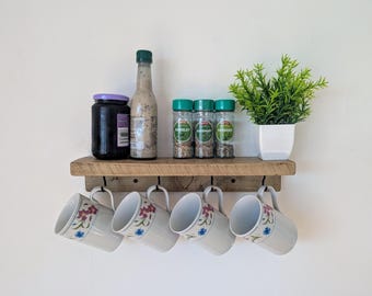 Rustic Kitchen Cup Holder Shelf - Antique Pine - (0126)