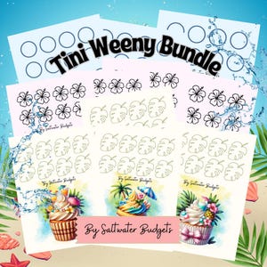 Könnte beinhalten: Eine Sammlung von Stickerbögen mit verschiedenen Designs, darunter Hibiskusblüten, Monstera-Blätter und Cupcake-Illustrationen. Der Text "Tini Weeny Bundle" und "By Saltwater Budgets" ist sichtbar. Der Hintergrund zeigt eine Strandszene mit Wasserspritzern.