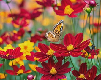 May include: A vibrant field of red and yellow cosmos flowers with a butterfly. The flowers have bright yellow centers and petals in shades of red and yellow. A butterfly with orange and black patterned wings is perched on a flower, adding to the scene's natural beauty.