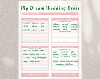 May include: A pink and green printable checklist for planning a wedding dress. The checklist includes sections for the wedding date, dress style, fabrics, necklines, and top 3 dresses tried on.