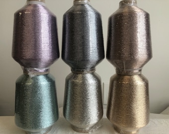 Unique Japanese designer metallic yarn 500 gram cones, machine / hand knitting, high shine, lavender, aquamarine, grey, silver, gold, copper