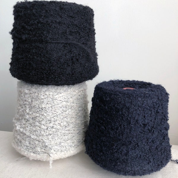 Wool and Alpaca blend Boucle Italian yarn on cone, hand or machine knit, Black, White, dark Navy, Alpafur Zenga Baruffa, weaving