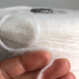 May include: A close-up of a white yarn skein with a single strand of yarn pulled out. The yarn is soft and fluffy, and the skein is wrapped in a white paper label.