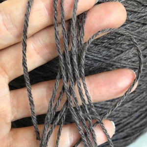 May include: Close-up of a dark grey yarn held in a hand. The yarn is twisted and has a subtle sheen.