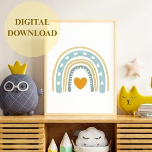 May include: A framed print featuring a stylized rainbow design with a heart in the center. The rainbow has layers of blue, tan, and white, with small hearts. The words "DIGITAL DOWNLOAD" are in a yellow circle in the upper left corner.