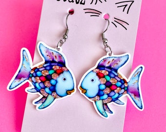 Cute fun Rainbow Fish dangle earrings novelty teacher Gift Book Week