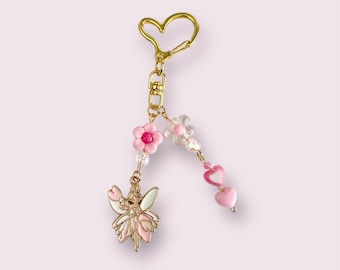 Handmade Fairy Themed Beaded Heart & Flower Keychain – Bag Charm