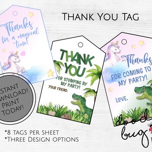 May include: Printable thank you tags for a party. The tags feature a dinosaur, a unicorn, and the text "Thank You" with a green and pink color scheme. The text "Doodle Bug Pubs" is also included.
