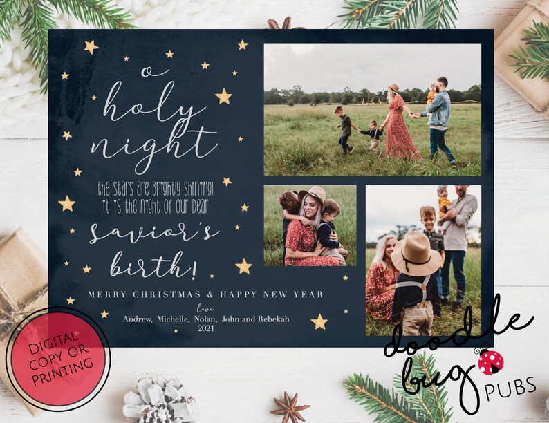 May include: A Christmas card with a navy blue background and gold stars. The card features a collage of family photos and the text "a holy night the stars are brightly shining! It is the night of our dear Savior's birth! Merry Christmas & Happy New Year love Andrew, Michelle, Nolan, John and Rebekah 2021".