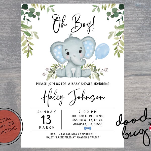 Oh Boy Baby Elephant - Baby Shower Invitation - Digital Copy or Prints