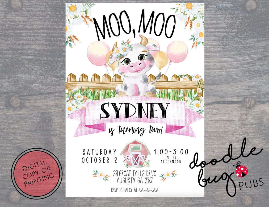 Moo Moo I'm Two Birthday Invitation Digital or Prints Etsy