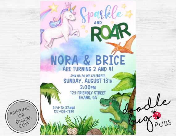 Sparkle and Roar Birthday Invitation - Double Birthday - Digital Copy and Prints