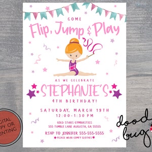 Gymnastik-Geburtstags-Einladung - Flip, Jump, and Play! - Drucke oder Digitale Kopie