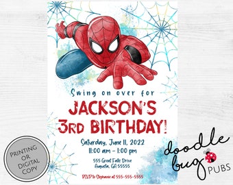 May include: A red and blue Spiderman character illustration with a web background. The text reads "Swing on over for Jackson's 3rd Birthday!" with the date, time, and location for the party.
