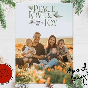 Tarjeta fotográfica navideña de paz, amor y alegría: digital o impresa