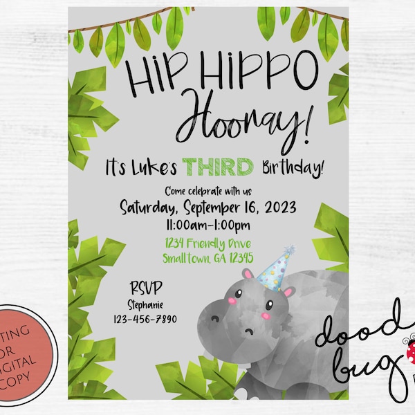 Hip Hippo Hooray! Birthday Invitation - Digital Copy or Printing