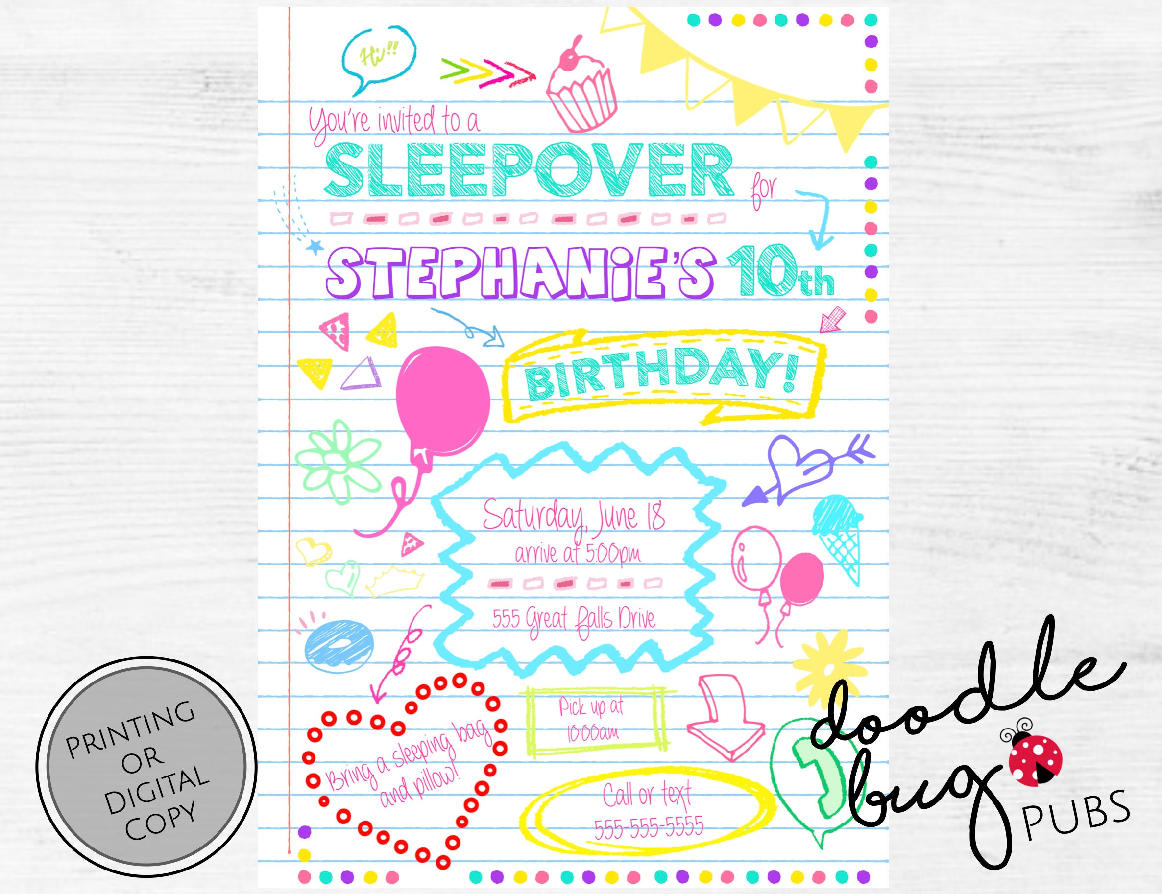 Tween Sleepover Birthday Invitation - Digital or Prints, image size:2372x1826