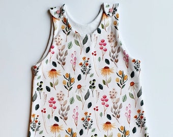 LONG childrens wildflower romper, botanical, short romper, unisex summer or winter, baby and toddler dungarees