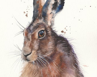 Original watercolour, HERE HARE by Pontefract artist Christine Evans McHugh, brown hare, wildlife, affordable original art