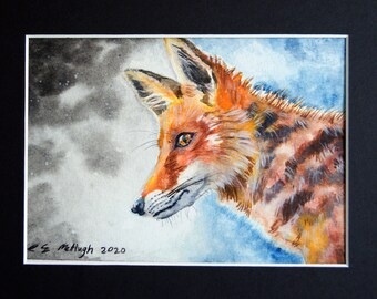 Original watercolour Foxy Face by Pontefract artist Christine Evans McHugh red fox foxes British wildlife