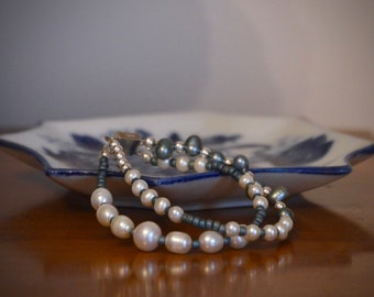 Denim Collection Bracelet Beaded Silver Blue White Cultured Pearls Double Strand