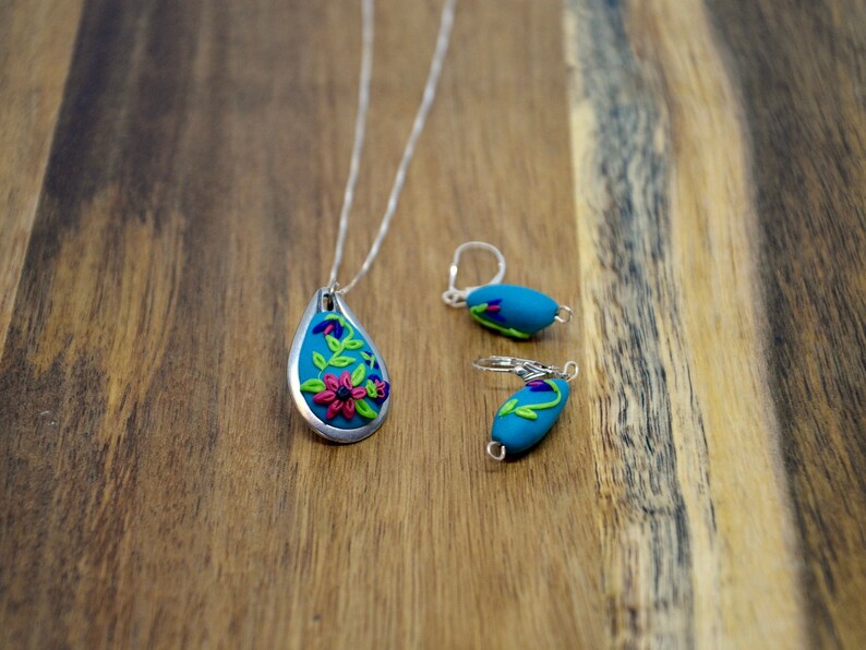 Teal with Pink Needlepoint Flowers Polymer Clay Necklace and Earrings Set